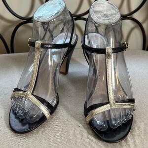 Marc Ellis NY black and gold leather t-strap heels with buckle closure size 6